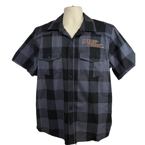 Harley Davidson Mechanic Garage Plaid Gray Black Button Up Shirt Large Pockets - Picture 1 of 8